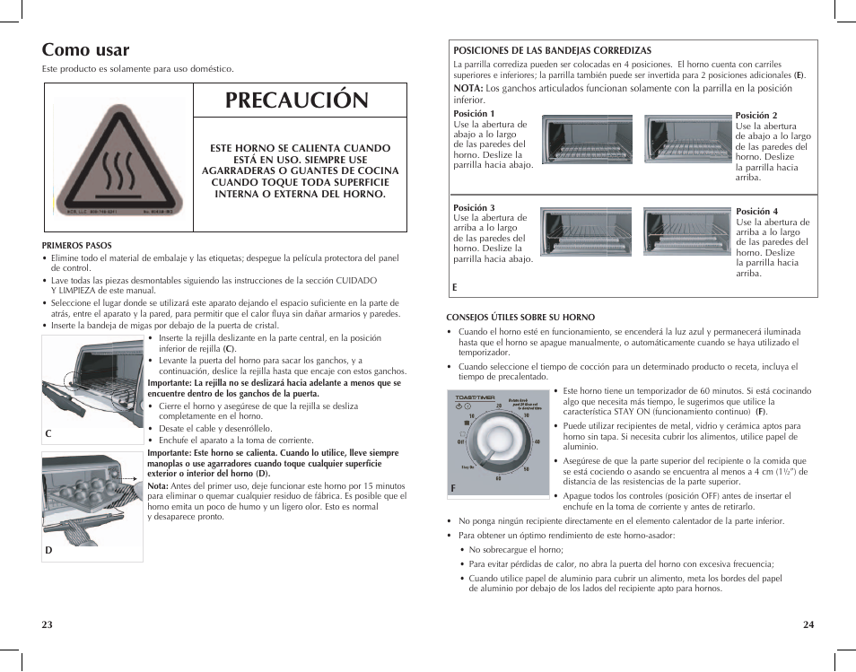 Precaución, Como usar | Black & Decker Perfect Broil CTO4300W User Manual | Page 13 / 33