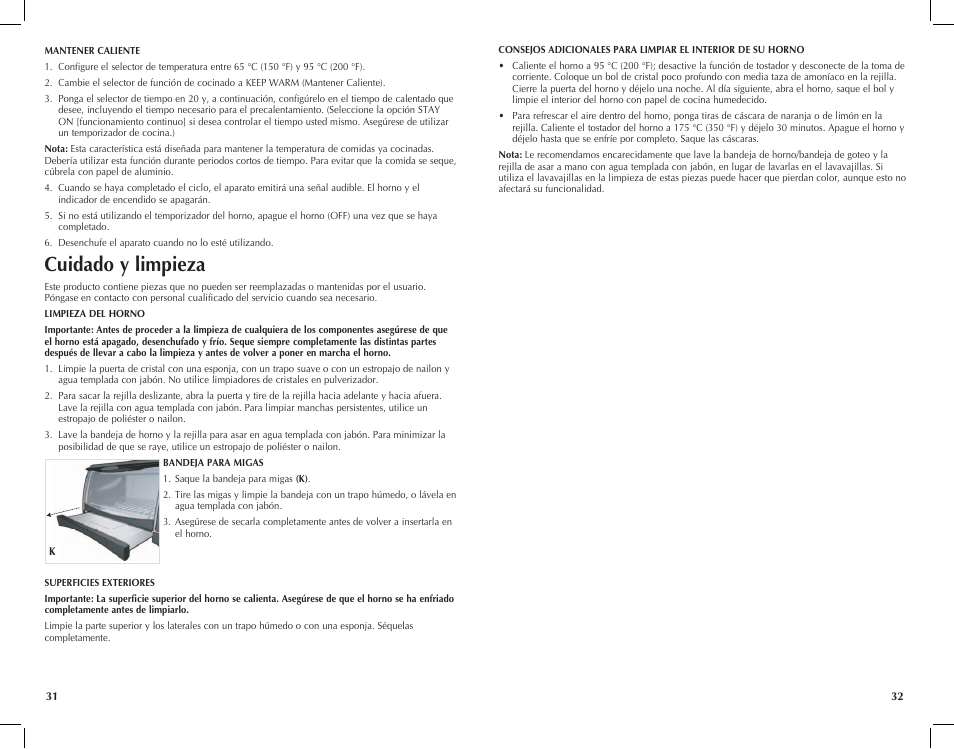 Cuidado y limpieza | Black & Decker Perfect Broil CTO4300W User Manual | Page 17 / 33