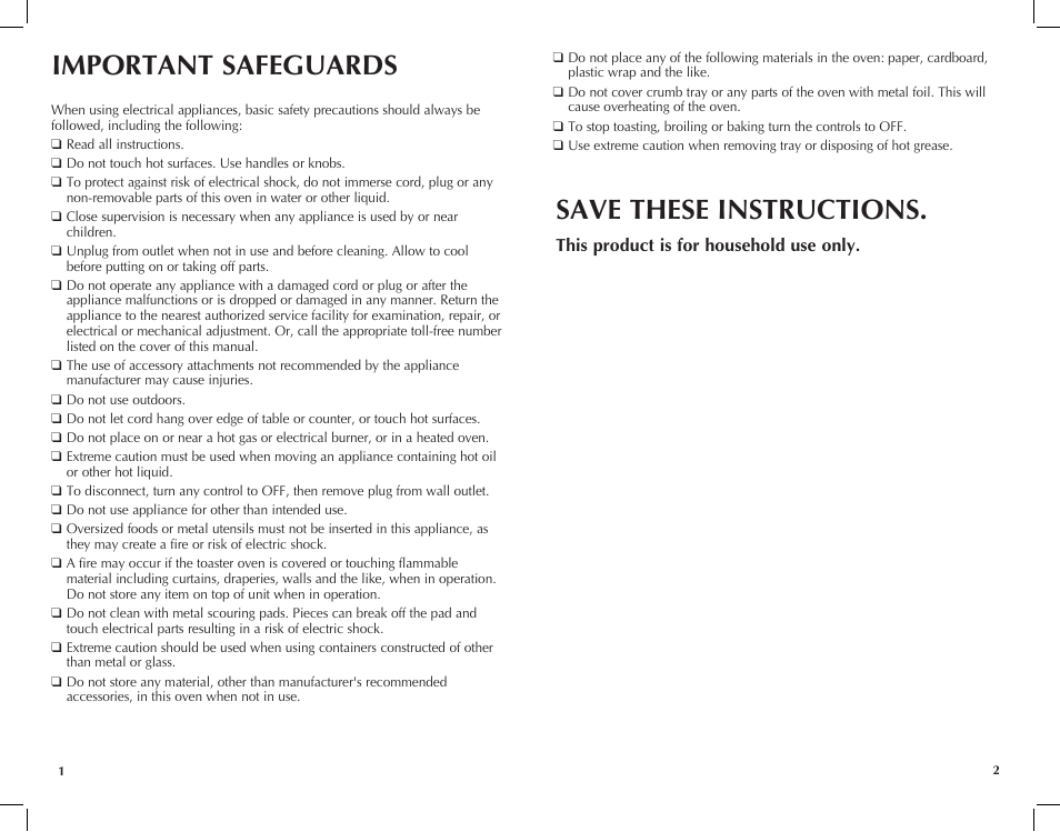 Important safeguards, Save these instructions, This product is for household use only | Black & Decker Perfect Broil CTO4300W User Manual | Page 2 / 33