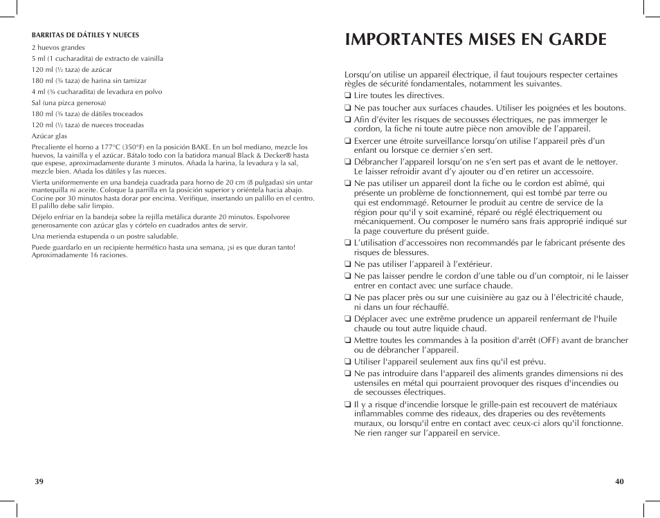 Importantes mises en garde | Black & Decker Perfect Broil CTO4300W User Manual | Page 21 / 33
