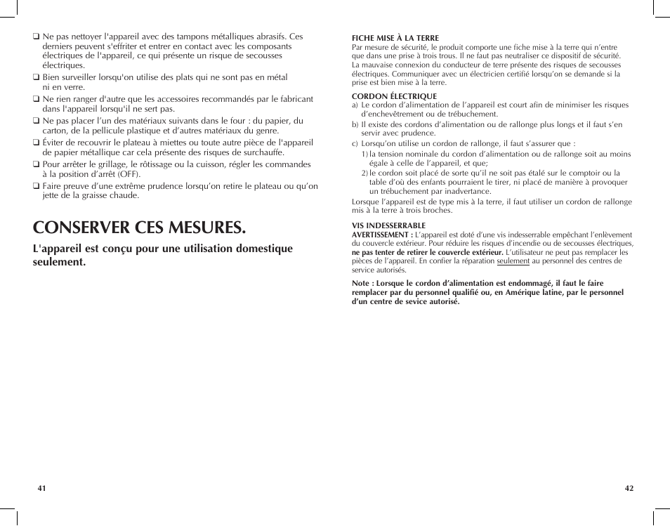 Conserver ces mesures | Black & Decker Perfect Broil CTO4300W User Manual | Page 22 / 33