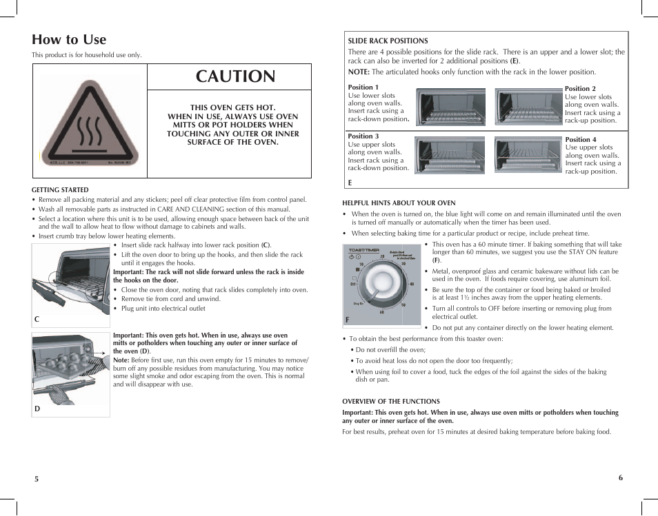 Caution, How to use | Black & Decker Perfect Broil CTO4300W User Manual | Page 4 / 33