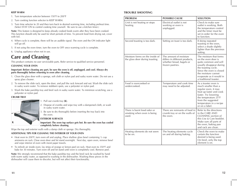 Care and cleaning | Black & Decker Perfect Broil CTO4300W User Manual | Page 7 / 33