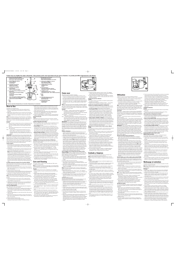 Como usar, Cuidado y limpieza, Utilisation | Nettoyage et entretien, How to use, Care and cleaning | Black & Decker QUICK 'N EASY FP1300 User Manual | Page 2 / 2
