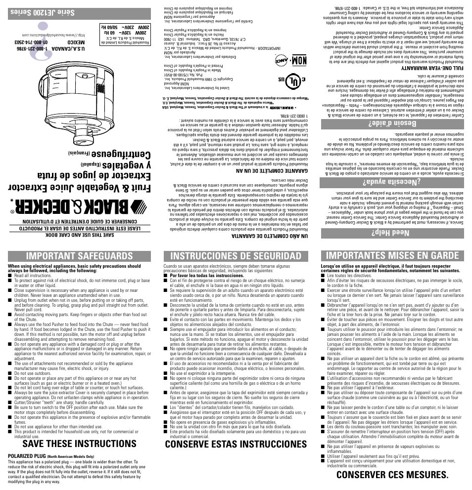 Safegaurds, Centrifugeuse, Important safeguards | Save these instructions instrucciones de seguridad, Conserver ces mesures, Série je1200 series, Need help? ¿necesita ayuda? besoin d’aide | Black & Decker JE1200 Series User Manual | Page 2 / 7