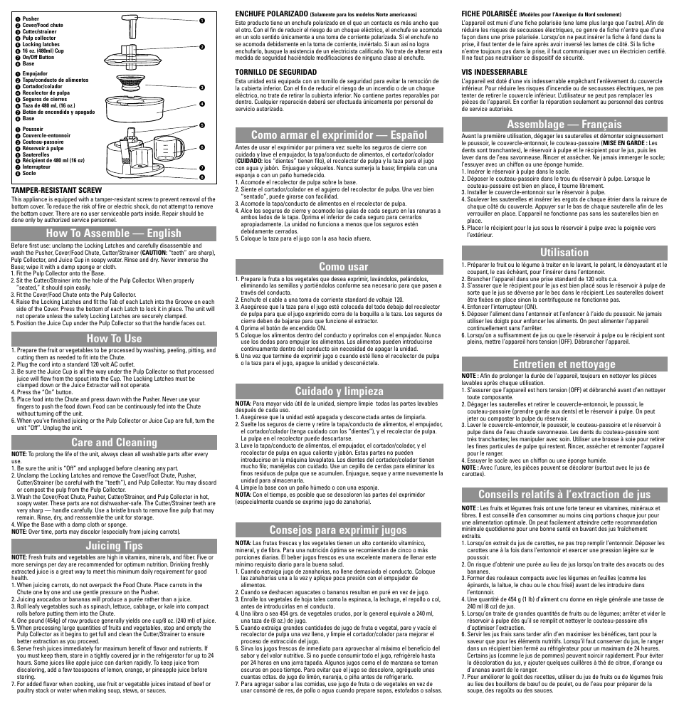 Assembly, How to use, Care & cleaning | Juicing tips, Como armar, Como usar, Cuidado y limpieza, Consejos para exprimir jugos, Assemblage, Utilisation | Black & Decker JE1200 Series User Manual | Page 7 / 7