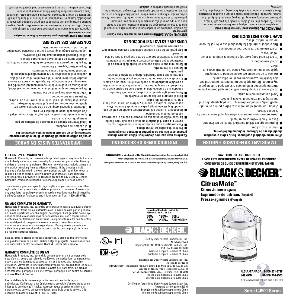 Warranty, Garantia, Garantie | Citrusmate, Important safeguards-english, Instrucciones de seguridad, Série cj500 series, Importantes mises en garde, Save these instructions, Citrus juicer | Black & Decker CJ500 User Manual | Page 2 / 7