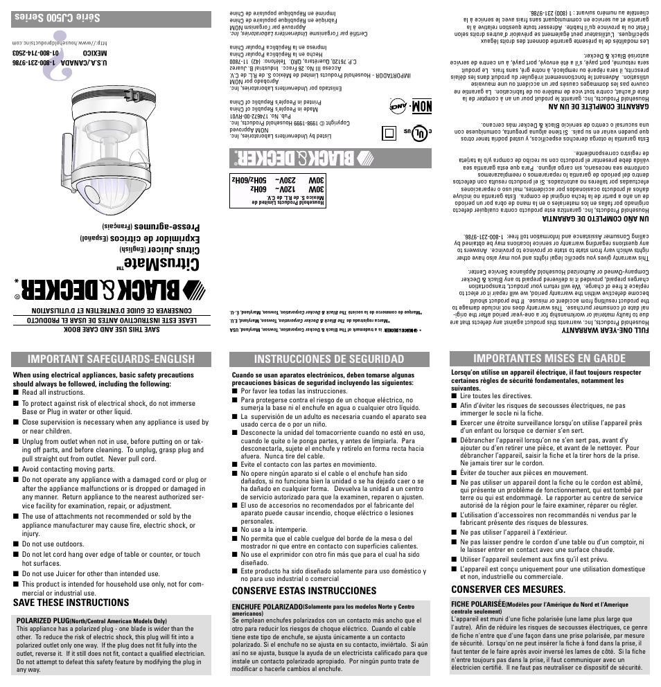 Instrucciones, Exprimidor de cítricos, Español) | Citrusmate, Important safeguards-english, Instrucciones de seguridad, Série cj500 series, Importantes mises en garde, Save these instructions, Citrus juicer | Black & Decker CJ500 User Manual | Page 4 / 7