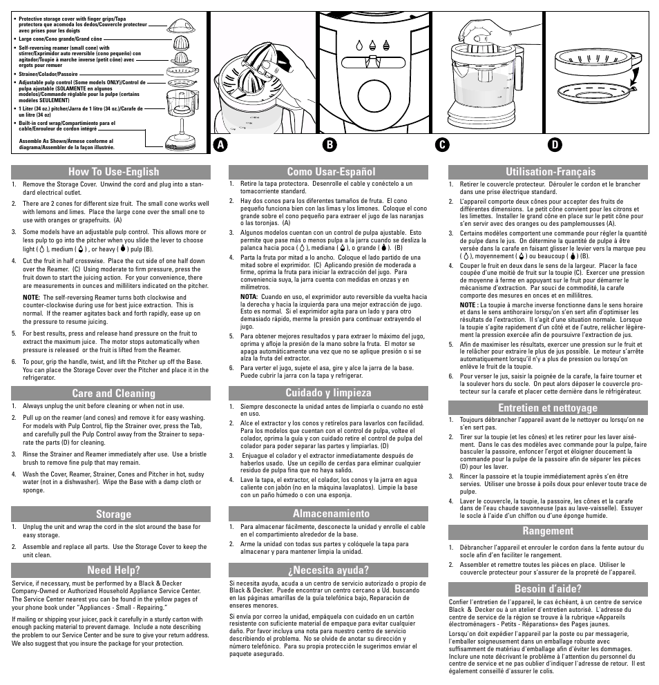 How to use, Care & cleaning, Storage | Como usar, Cuidado y limpieza, Almacenmiento, Utilisation, Entretien et nettoyage, Rangement, How to use-english care and cleaning storage | Black & Decker CJ500 User Manual | Page 7 / 7