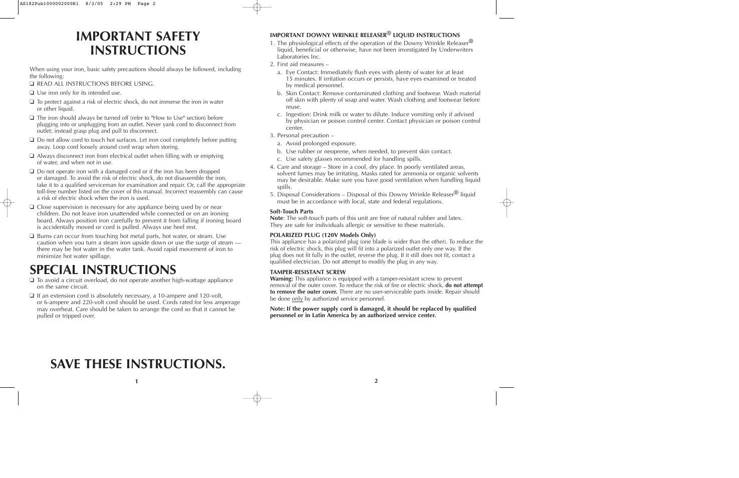 Special instructions | Black & Decker AS182 User Manual | Page 2 / 15