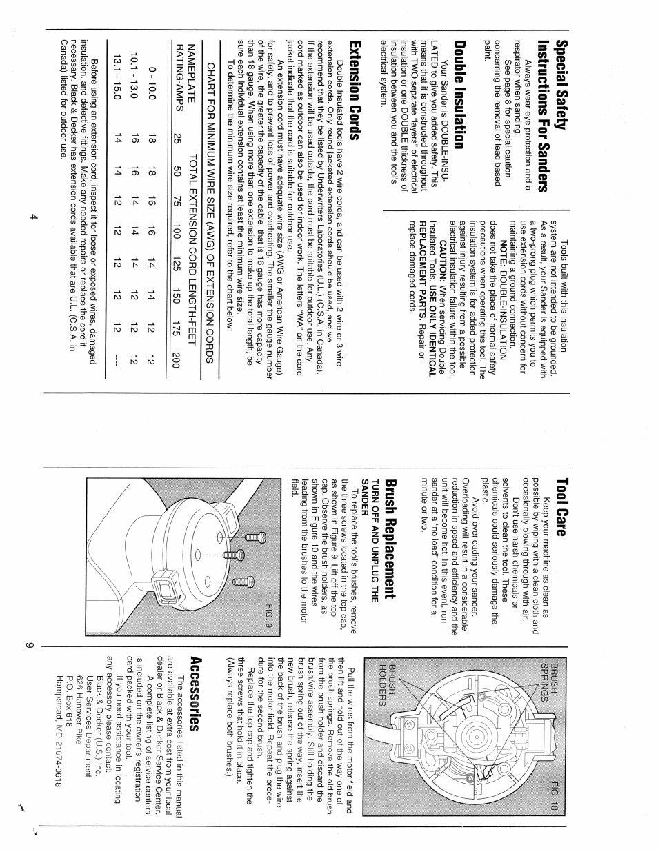 Tool care, Brush replacement, Accessories | Special safety instructions for sanders, Double insulation, Extension cords | Black & Decker 4011 User Manual | Page 4 / 6