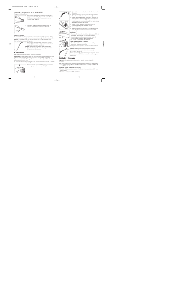 Como usar, Cuidado y limpieza | Black & Decker VC2000 User Manual | Page 9 / 13