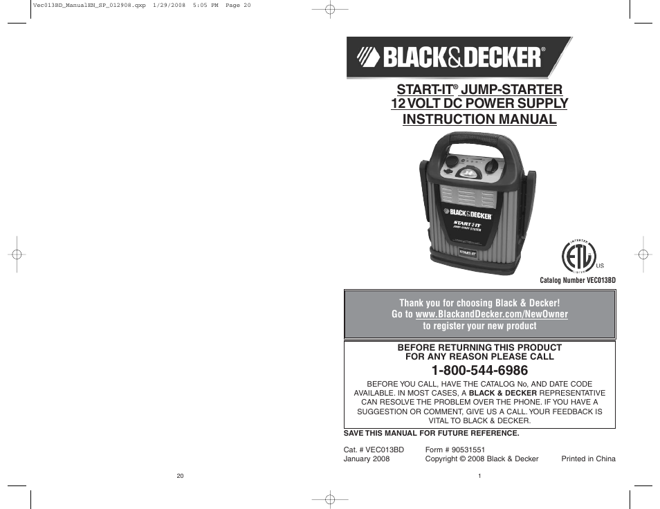 Black & Decker START-IT VEC013BD User Manual | 10 pages