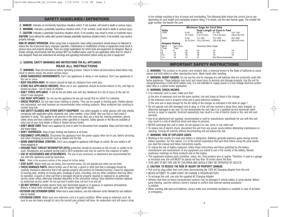 Important safety instructions, Safety guidelines / definitions | Black & Decker START-IT VEC013BD User Manual | Page 2 / 10