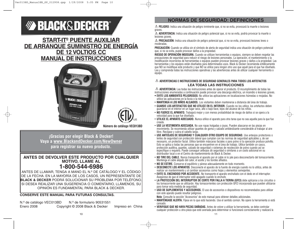 Start-it, Normas de seguridad: definiciones | Black & Decker START-IT VEC013BD User Manual | Page 6 / 10