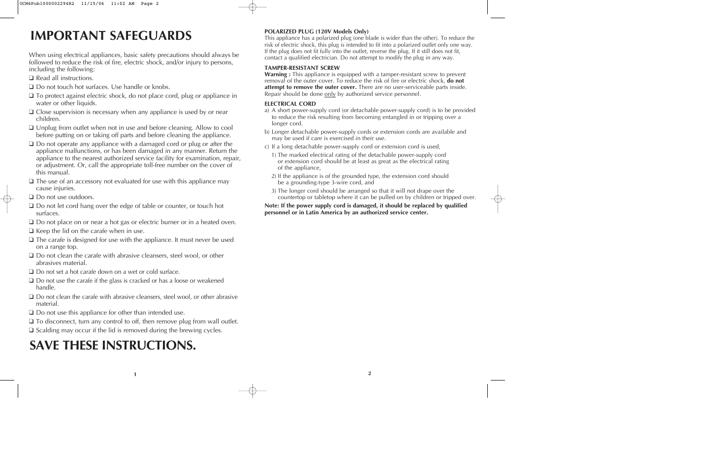 Important safeguards, Save these instructions | Black & Decker UCM6 User Manual | Page 2 / 13