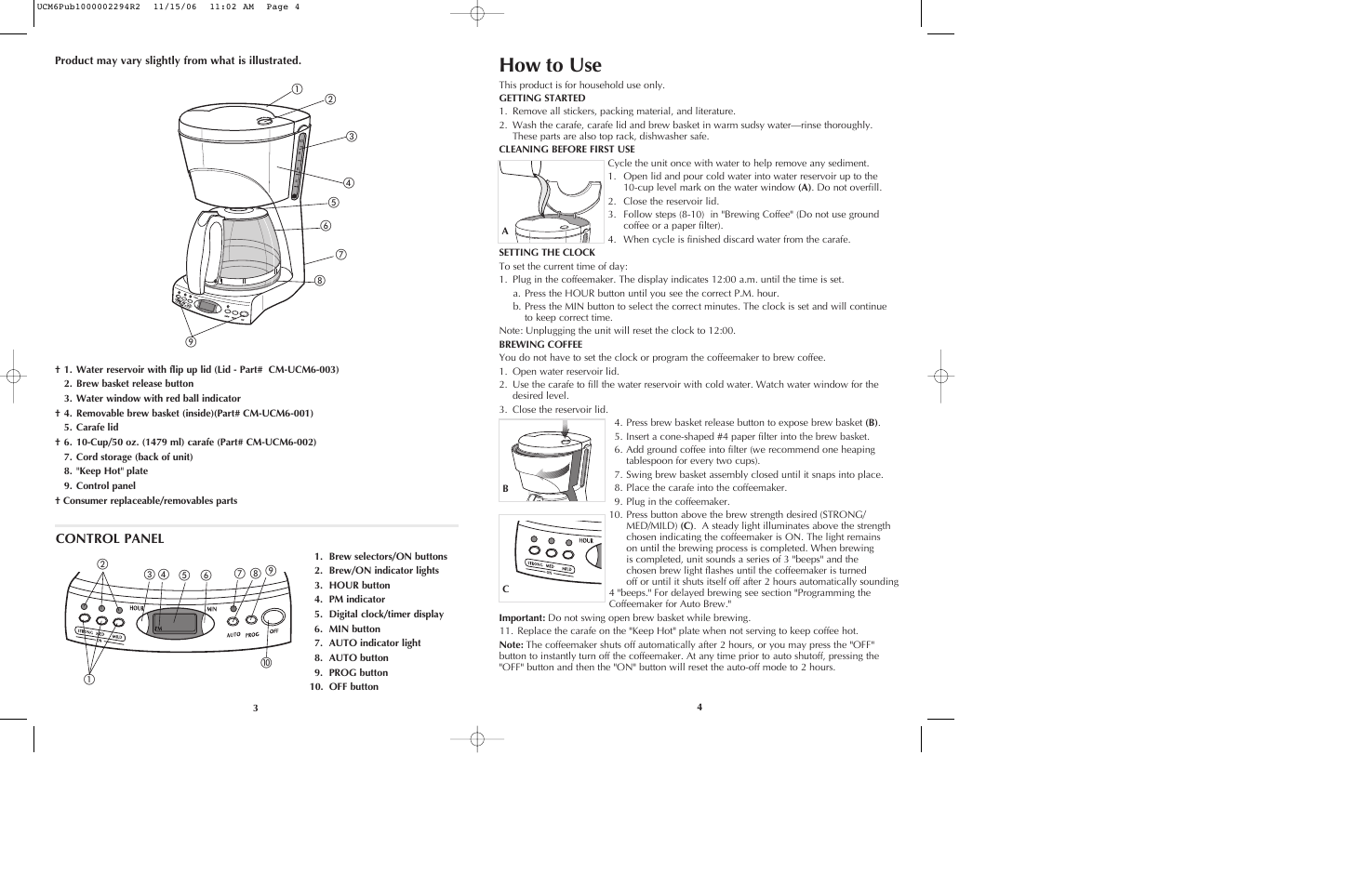 How to use, Control panel | Black & Decker UCM6 User Manual | Page 3 / 13