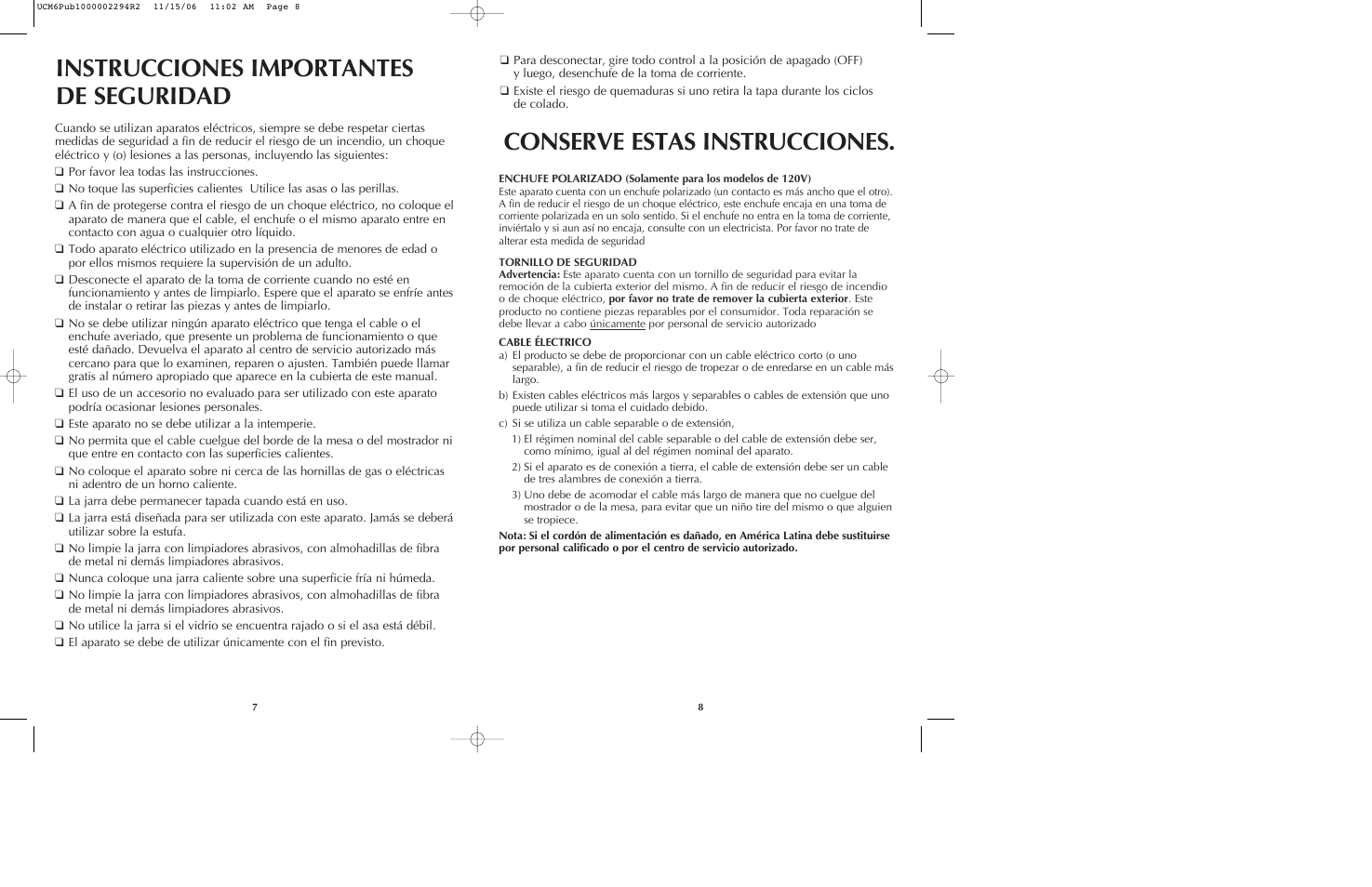 Conserve estas instrucciones, Instrucciones importantes de seguridad | Black & Decker UCM6 User Manual | Page 5 / 13