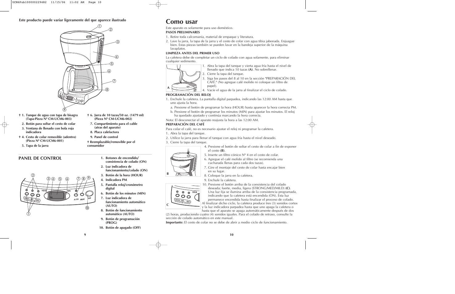 Como usar, Panel de control | Black & Decker UCM6 User Manual | Page 6 / 13