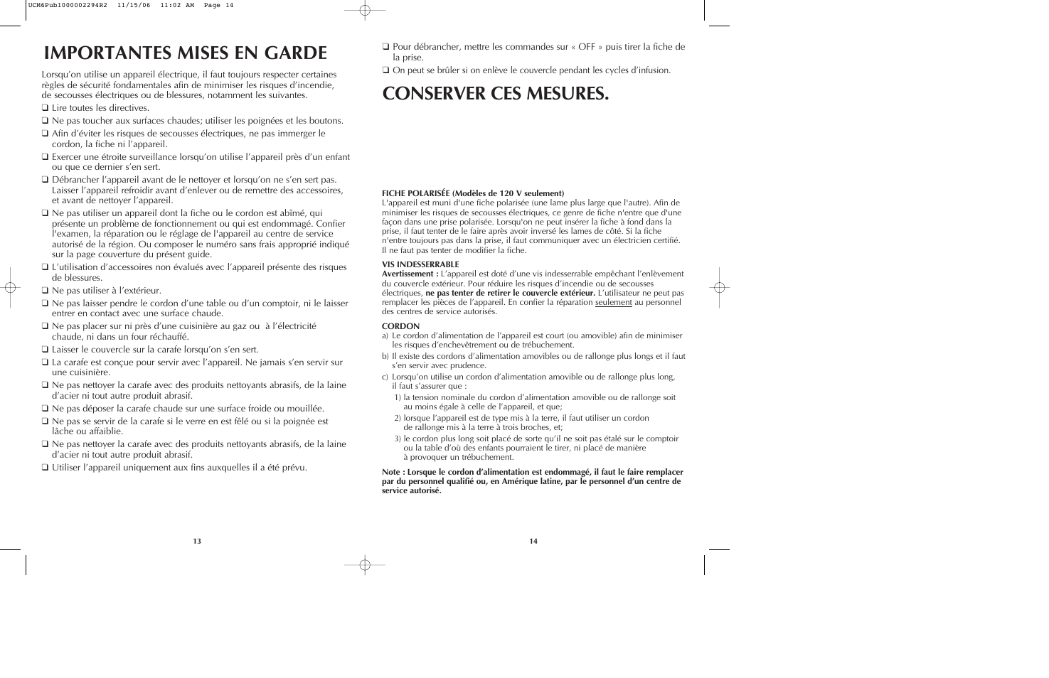 Importantes mises en garde conserver ces mesures | Black & Decker UCM6 User Manual | Page 8 / 13