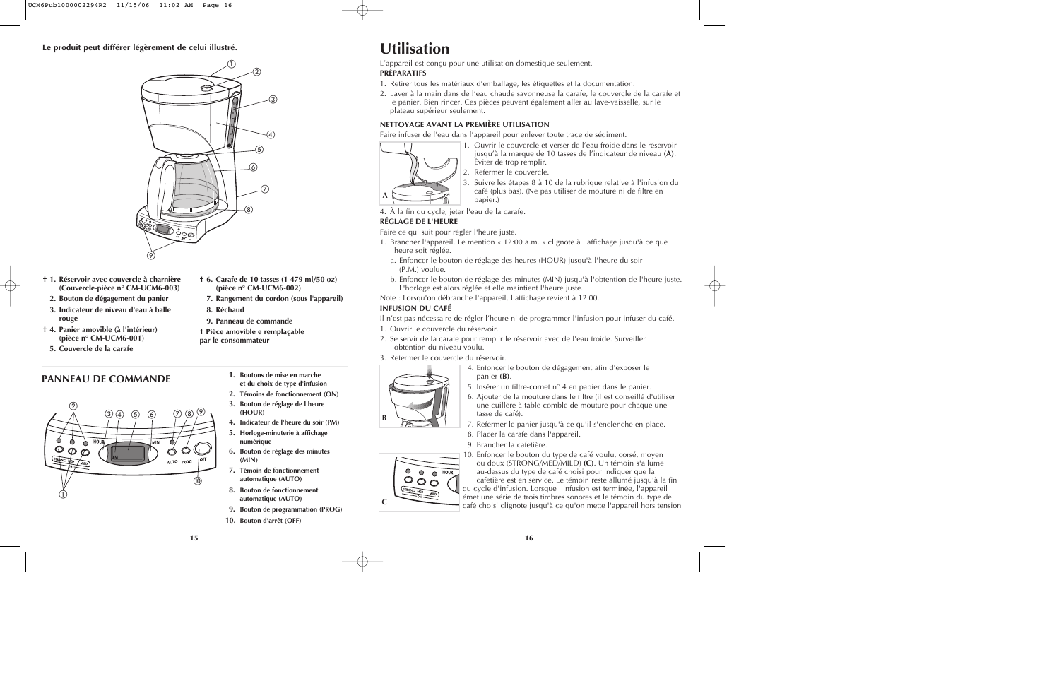 Utilisation, Panneau de commande | Black & Decker UCM6 User Manual | Page 9 / 13