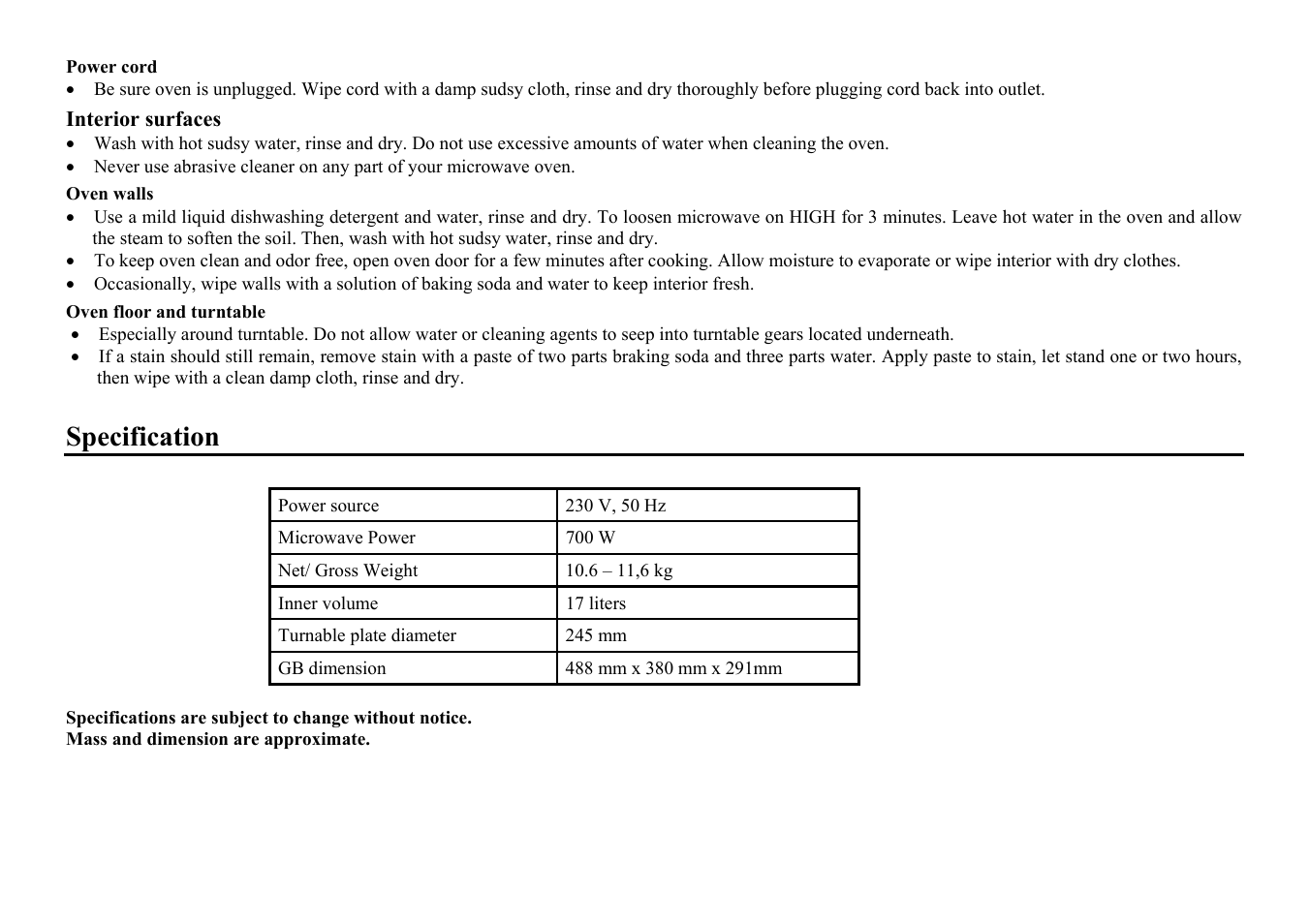 Specification | Hyundai H-MW1817 User Manual | Page 8 / 16