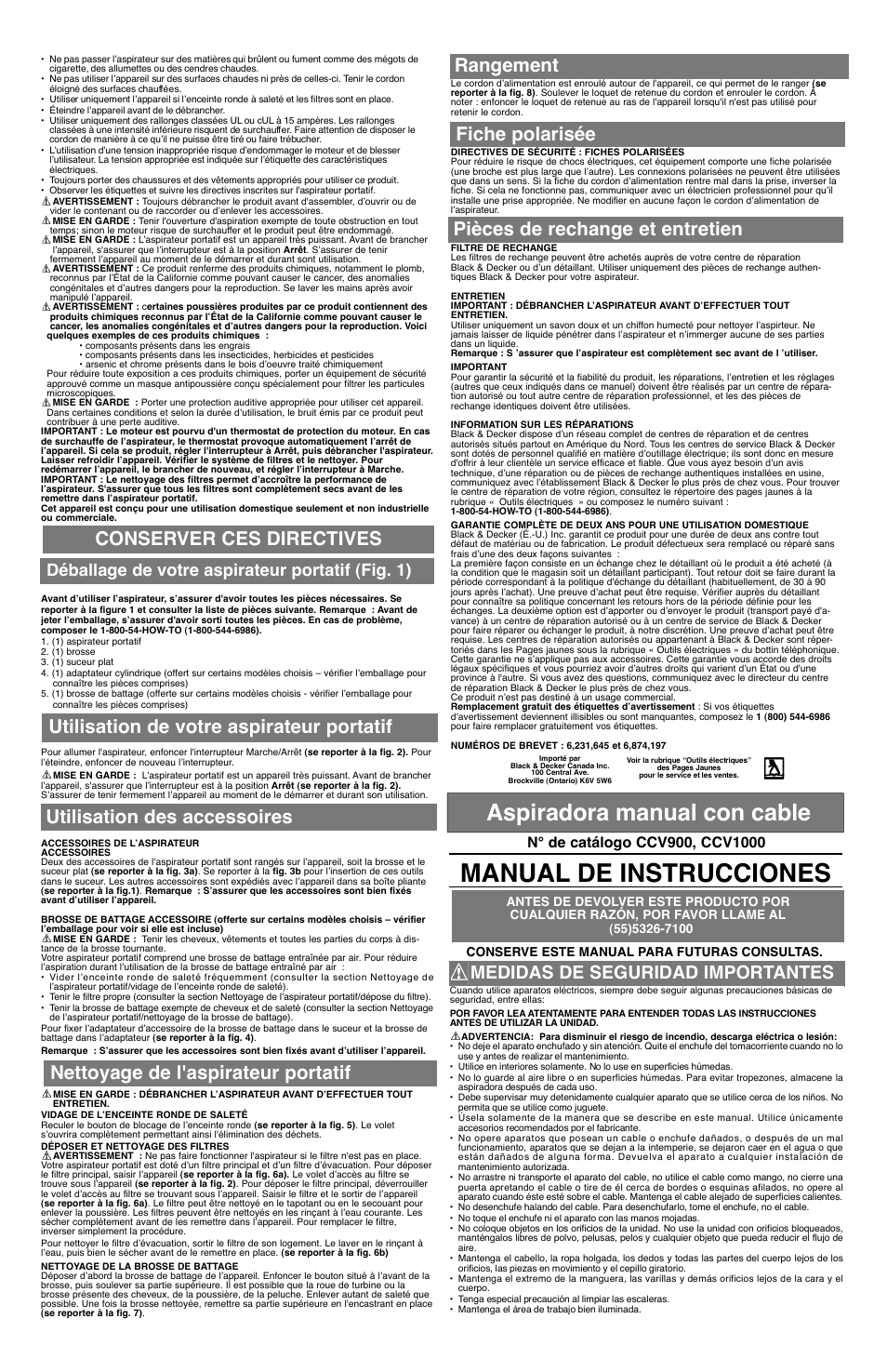 Manual de instrucciones, Aspiradora manual con cable, Medidas de seguridad importantes | Déballage de votre aspirateur portatif (fig. 1) | Black & Decker CCV1000 User Manual | Page 3 / 4