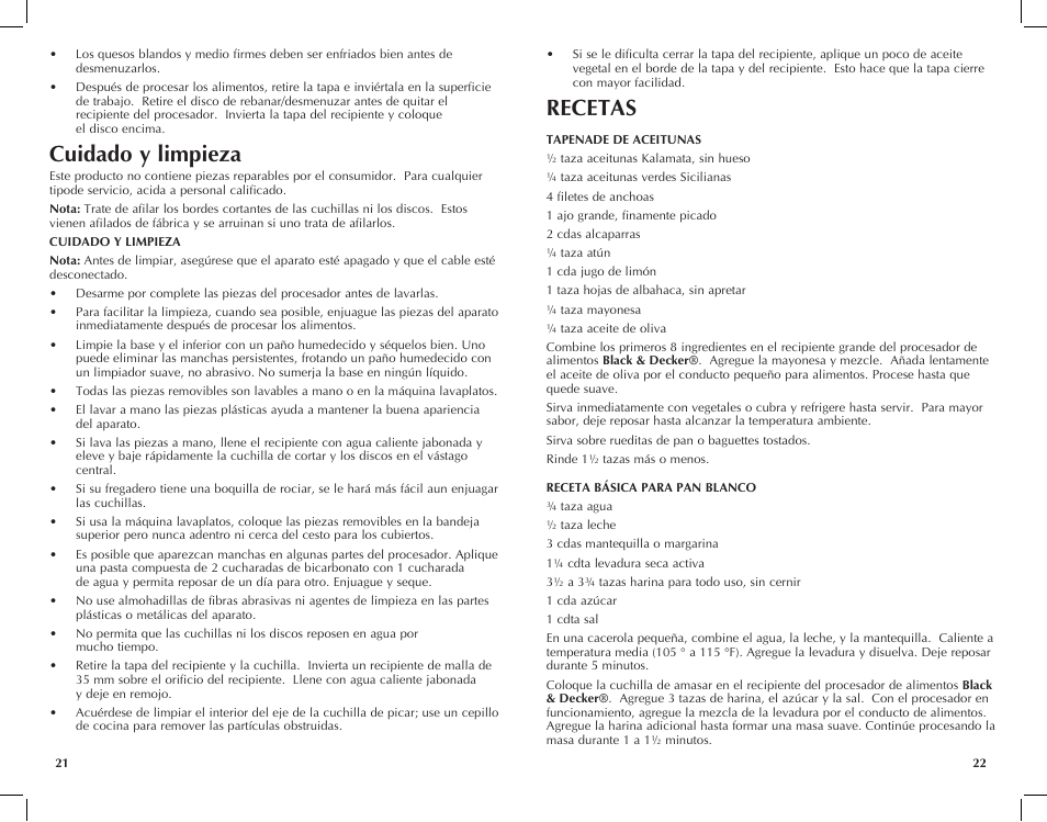 Cuidado y limpieza, Recetas | Black & Decker FP2500ikt User Manual | Page 12 / 25