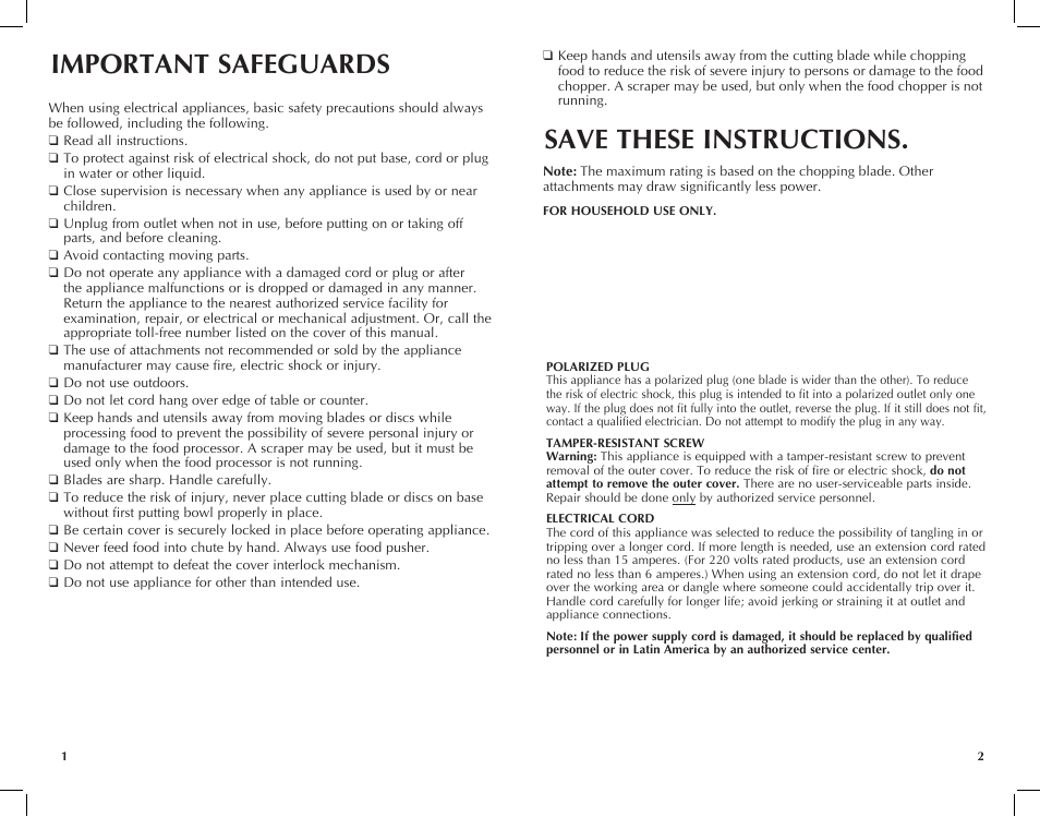Important safeguards save these instructions | Black & Decker FP2500ikt User Manual | Page 2 / 25