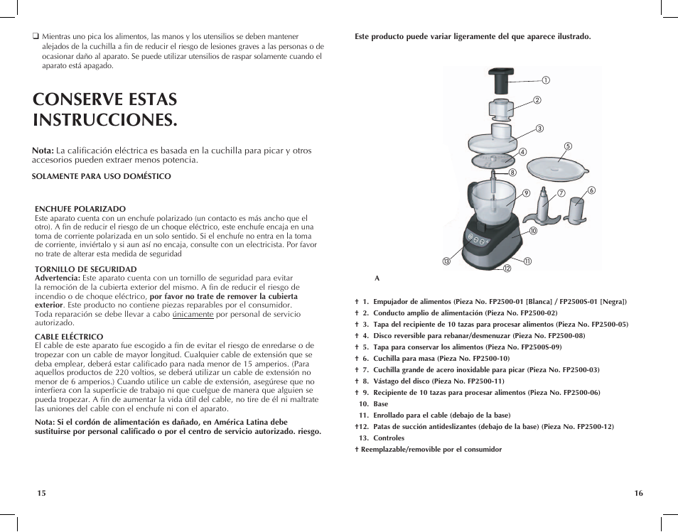 Conserve estas instrucciones | Black & Decker FP2500ikt User Manual | Page 9 / 25