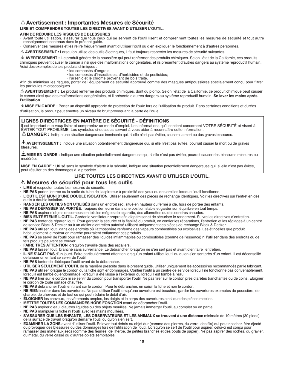 Avertissement : importantes mesures de sécurité, Mesures de sécurité pour tous les outils | Black & Decker 90538065 User Manual | Page 10 / 20