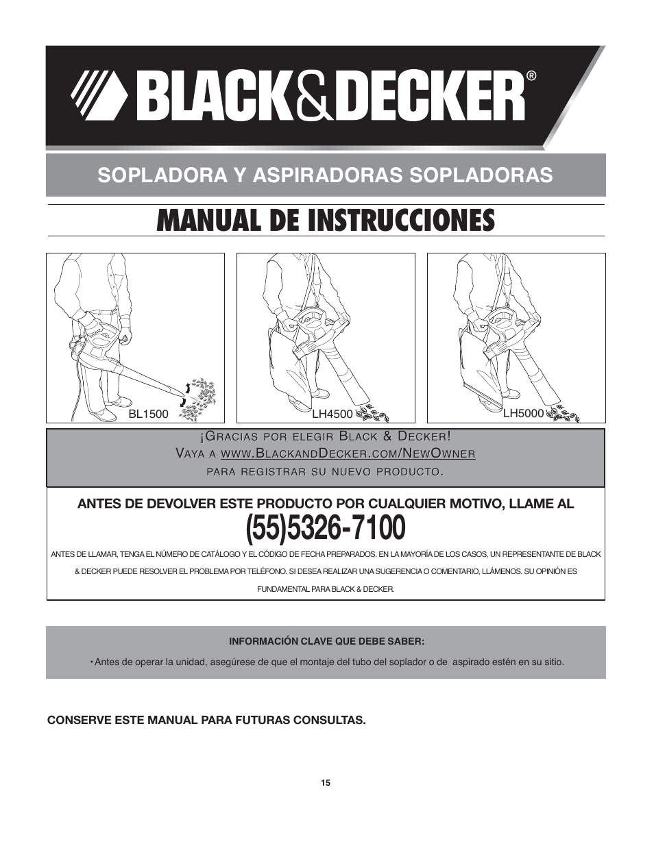 Manual de instrucciones, Sopladora y aspiradoras sopladoras | Black & Decker 90538065 User Manual | Page 15 / 20