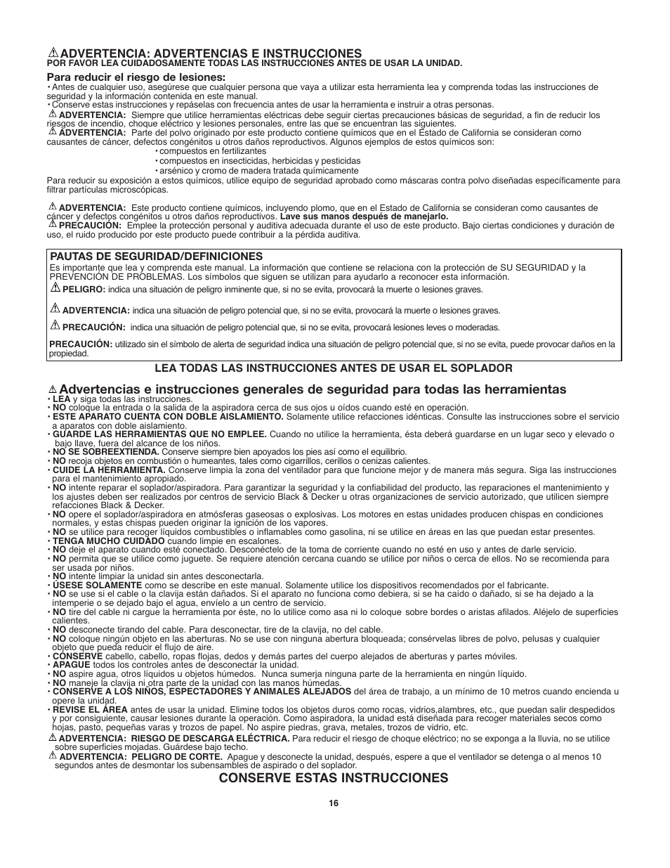 Conserve estas instrucciones, Advertencia: advertencias e instrucciones | Black & Decker 90538065 User Manual | Page 16 / 20
