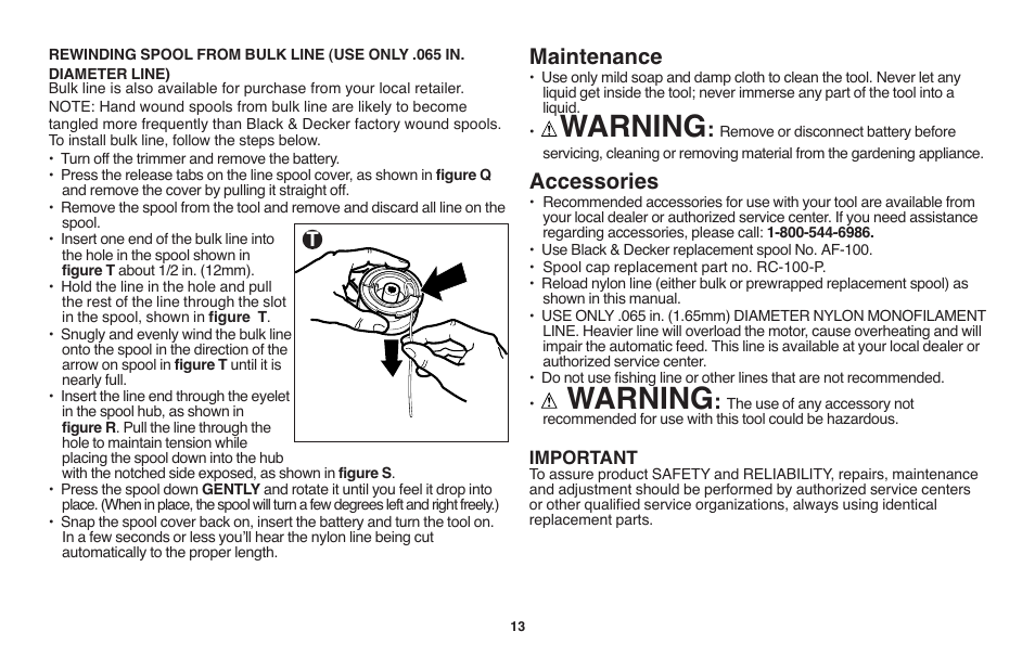 Warning, Maintenance, Accessories | Black & Decker LST1018 User Manual | Page 13 / 52