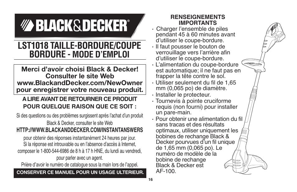 Lst1018 taille-bordure/coupe bordure, Mode d’emploi | Black & Decker LST1018 User Manual | Page 16 / 52