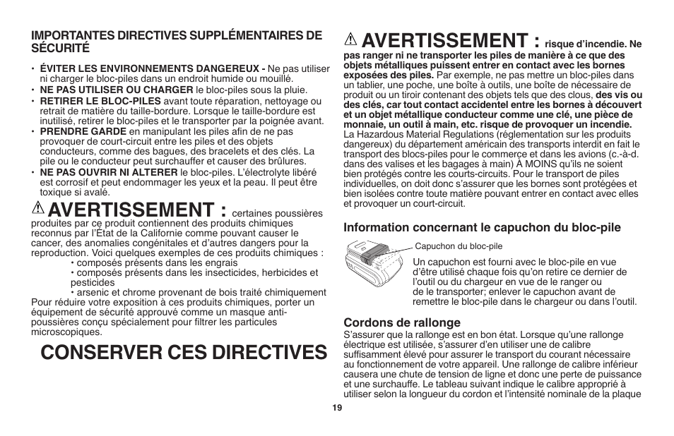 Avertissement, Conserver ces directives avertissement | Black & Decker LST1018 User Manual | Page 19 / 52