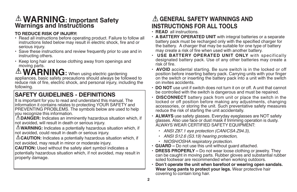 Warning, Important safety warnings and instructions, Safety guidelines - definitions | Black & Decker LST1018 User Manual | Page 2 / 52