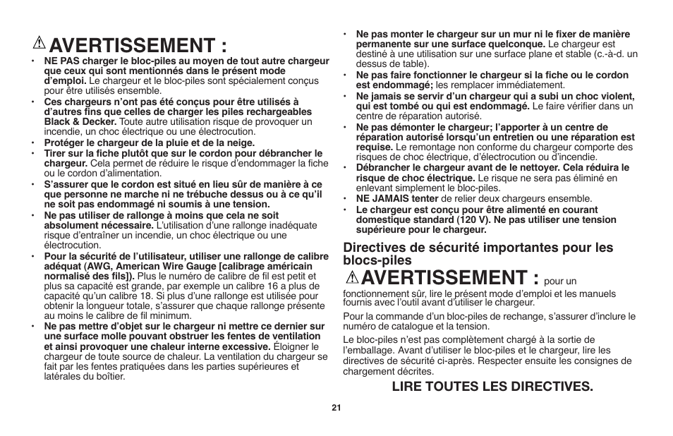 Avertissement, Lire toutes les directives | Black & Decker LST1018 User Manual | Page 21 / 52