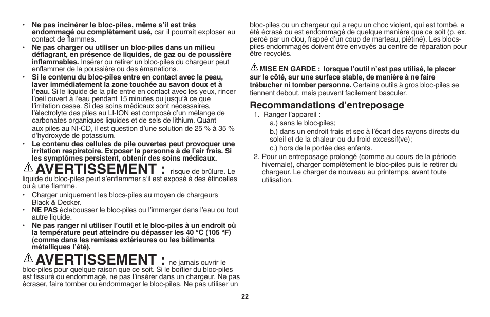 Avertissement, Recommandations dʼentreposage | Black & Decker LST1018 User Manual | Page 22 / 52