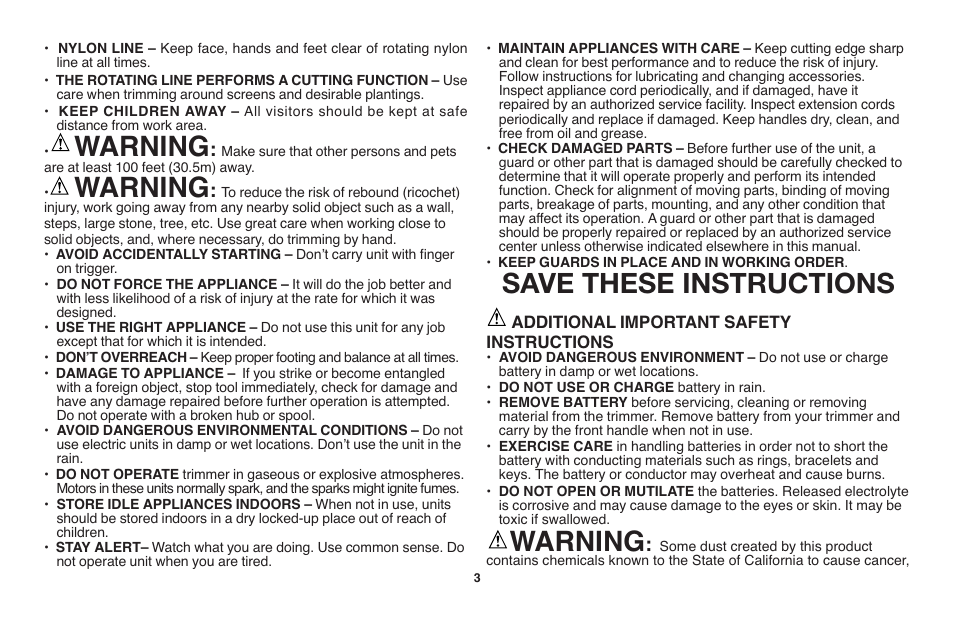 Warning, Save these instructions | Black & Decker LST1018 User Manual | Page 3 / 52