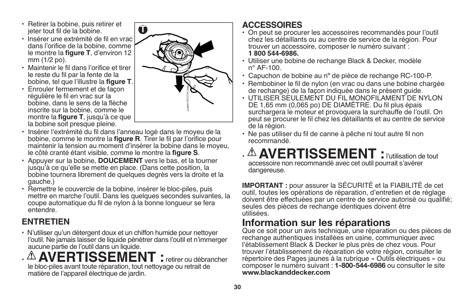 Avertissement, Information sur les réparations | Black & Decker LST1018 User Manual | Page 30 / 52