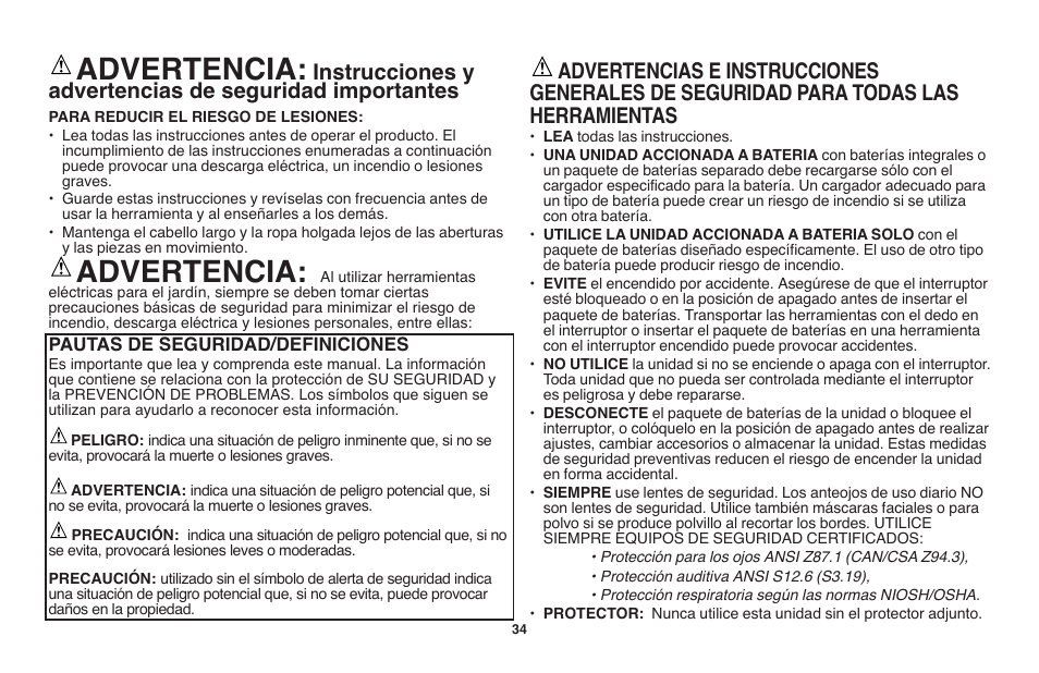 Advertencia | Black & Decker LST1018 User Manual | Page 34 / 52