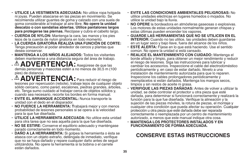 Advertencia, Conserve estas instrucciones | Black & Decker LST1018 User Manual | Page 35 / 52