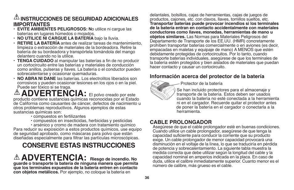 Advertencia, Conserve estas instrucciones | Black & Decker LST1018 User Manual | Page 36 / 52