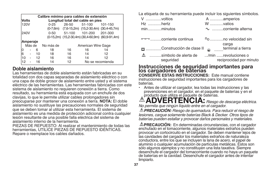 Advertencia, Doble aislamiento | Black & Decker LST1018 User Manual | Page 37 / 52