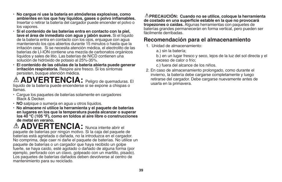 Advertencia, Recomendación para el almacenamiento | Black & Decker LST1018 User Manual | Page 39 / 52