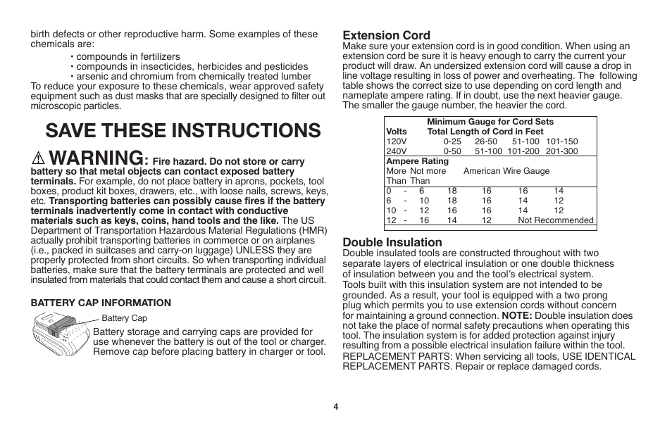 Save these instructions warning | Black & Decker LST1018 User Manual | Page 4 / 52