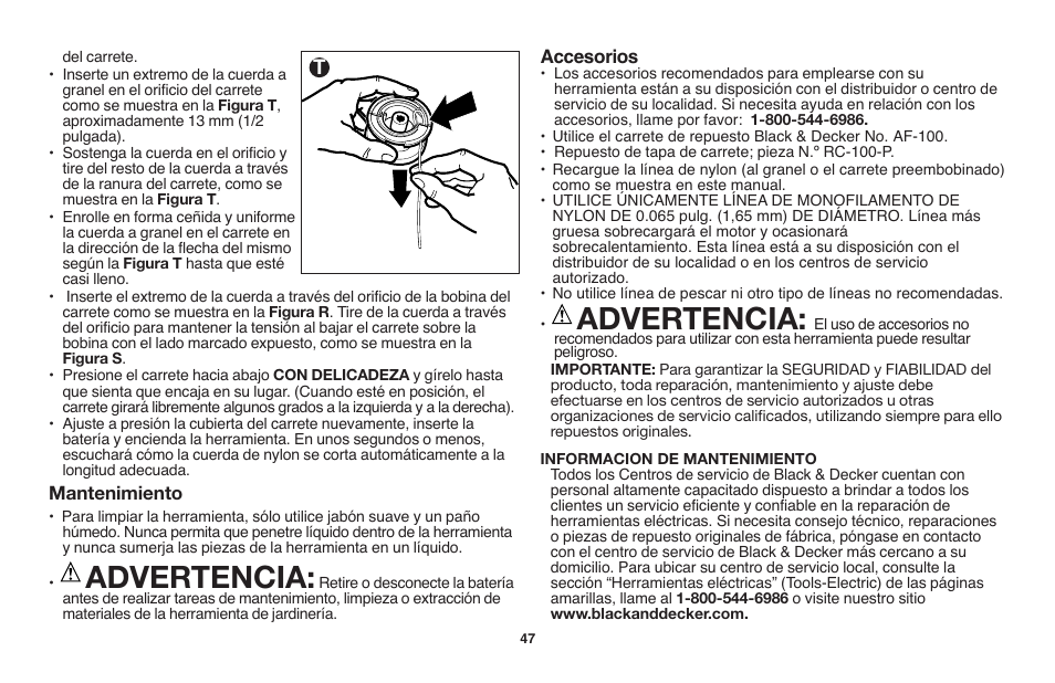 Advertencia | Black & Decker LST1018 User Manual | Page 47 / 52