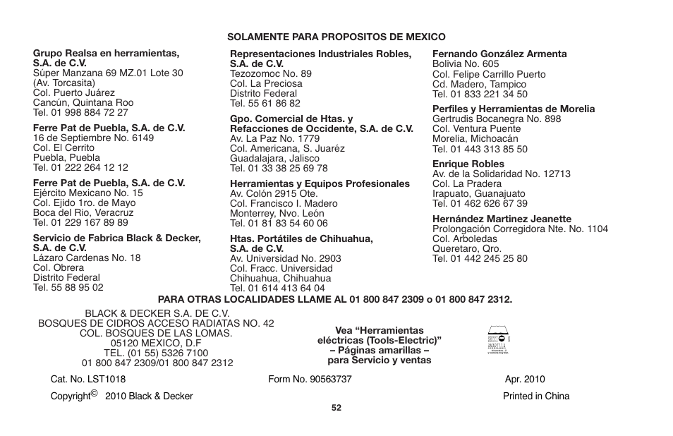 Black & Decker LST1018 User Manual | Page 52 / 52