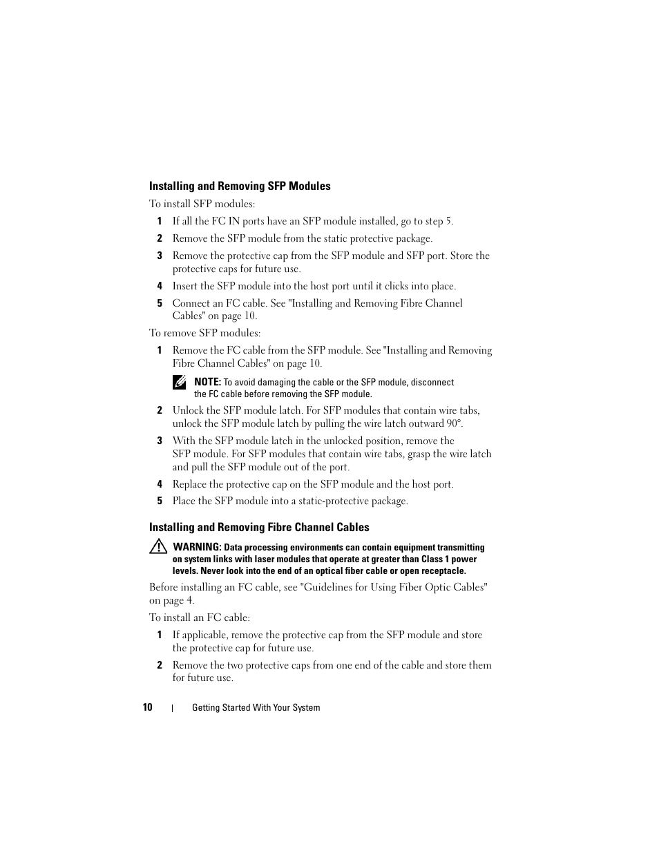 Installing and removing sfp modules, Installing and removing fibre channel cables | Dell POWERVAULT MD3600F User Manual | Page 12 / 222